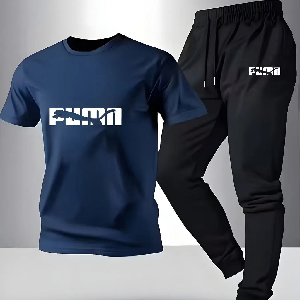 Breathable Cotton Men's Fashion Sportswear Set Pattern Printed T-Shirt & Comfortable Sports Pants for Casual Fitness Home
