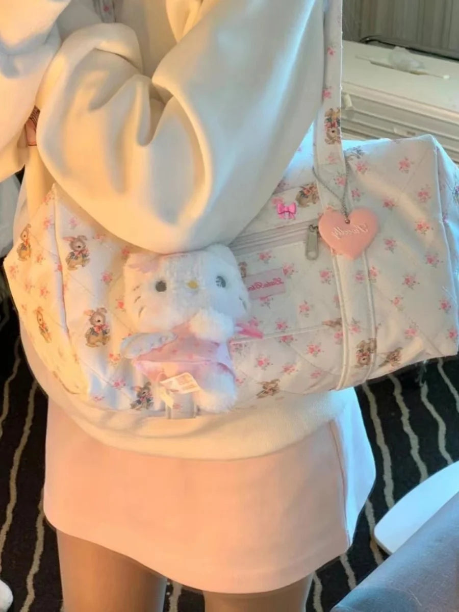 Large Capacity Floral Tote Bag Student Commuter Travel Storage Bag New 2024 Youth Single Shoulder Handheld Plant Floral