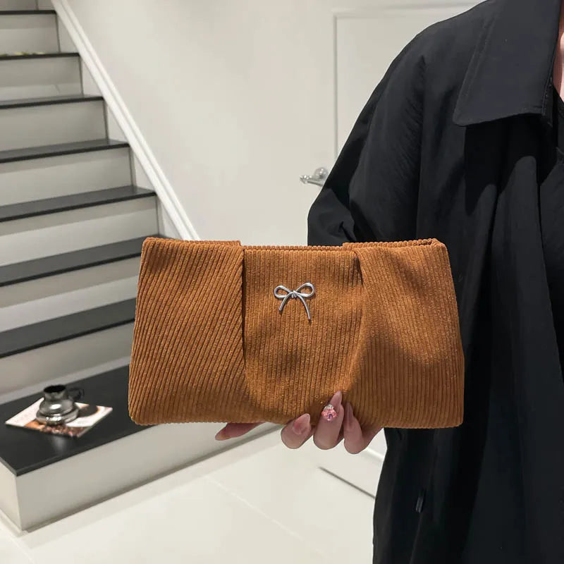 Bow Decoration Corduroy Women's Bag Female Large Capacity Cosmetic Bag Fashion Clutches Purse For Women