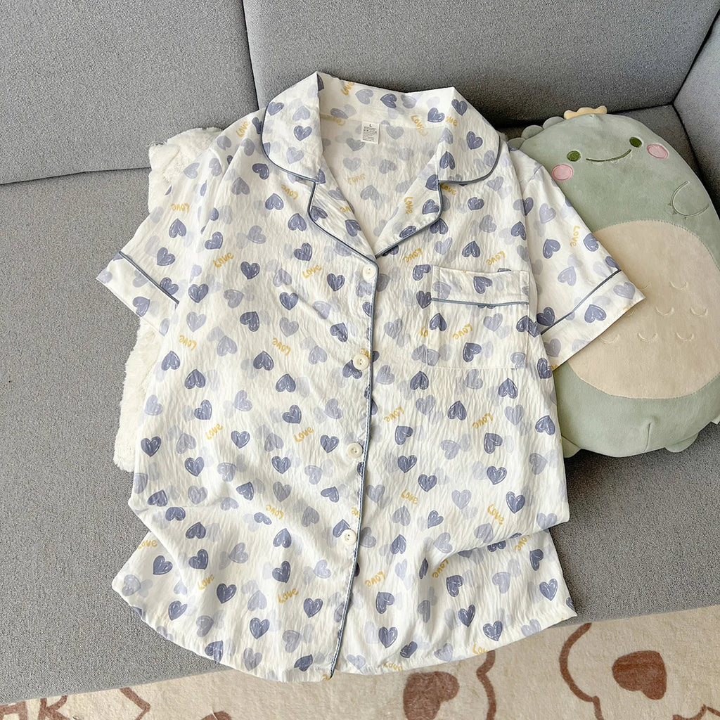 Women's Summer Thin Pajamas with Heart-Shaped Pattern, Short-Sleeved Shorts, Sweet and Cute, Can Be Worn Outside in Summer, Two-Piece Home Wear Set