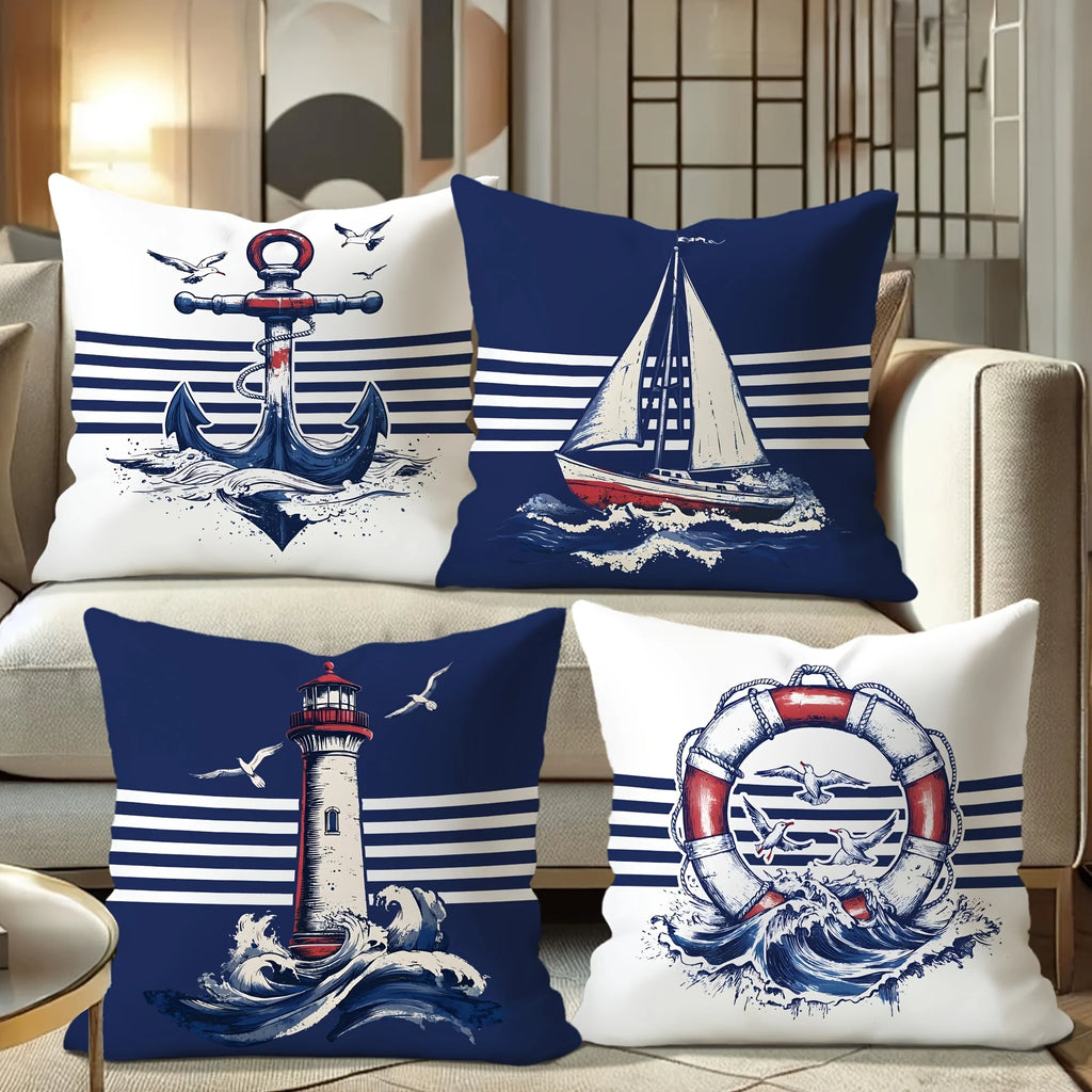 4 Piece Modern Nautical Style Vintage Pillow Covers With Zipper Closure 100 Percent Suitable For Living Room Bedroom Sofa Bed