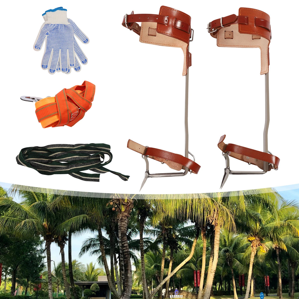 Climbing Pitons, Tree Climbing Gear, Double Claw Climbing Tool, Stainless Steel with Thickened Pedal, Reinforced Curved Frame, Safety Belt, Rope, Gloves, Secure Dual Buckle System, 220lbs Load, Outdoor Mountaineering Arborist