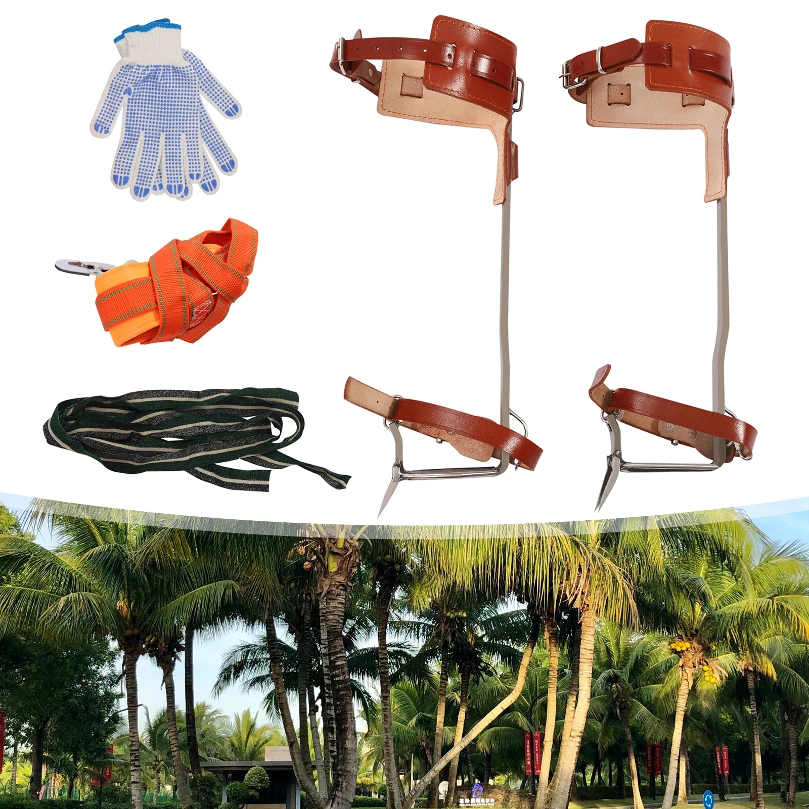 Climbing Pitons, Tree Climbing Gear, Double Claw Climbing Tool, Stainless Steel with Thickened Pedal, Reinforced Curved Frame, Safety Belt, Rope, Gloves, Secure Dual Buckle System, 220lbs Load, Outdoor Mountaineering Arborist