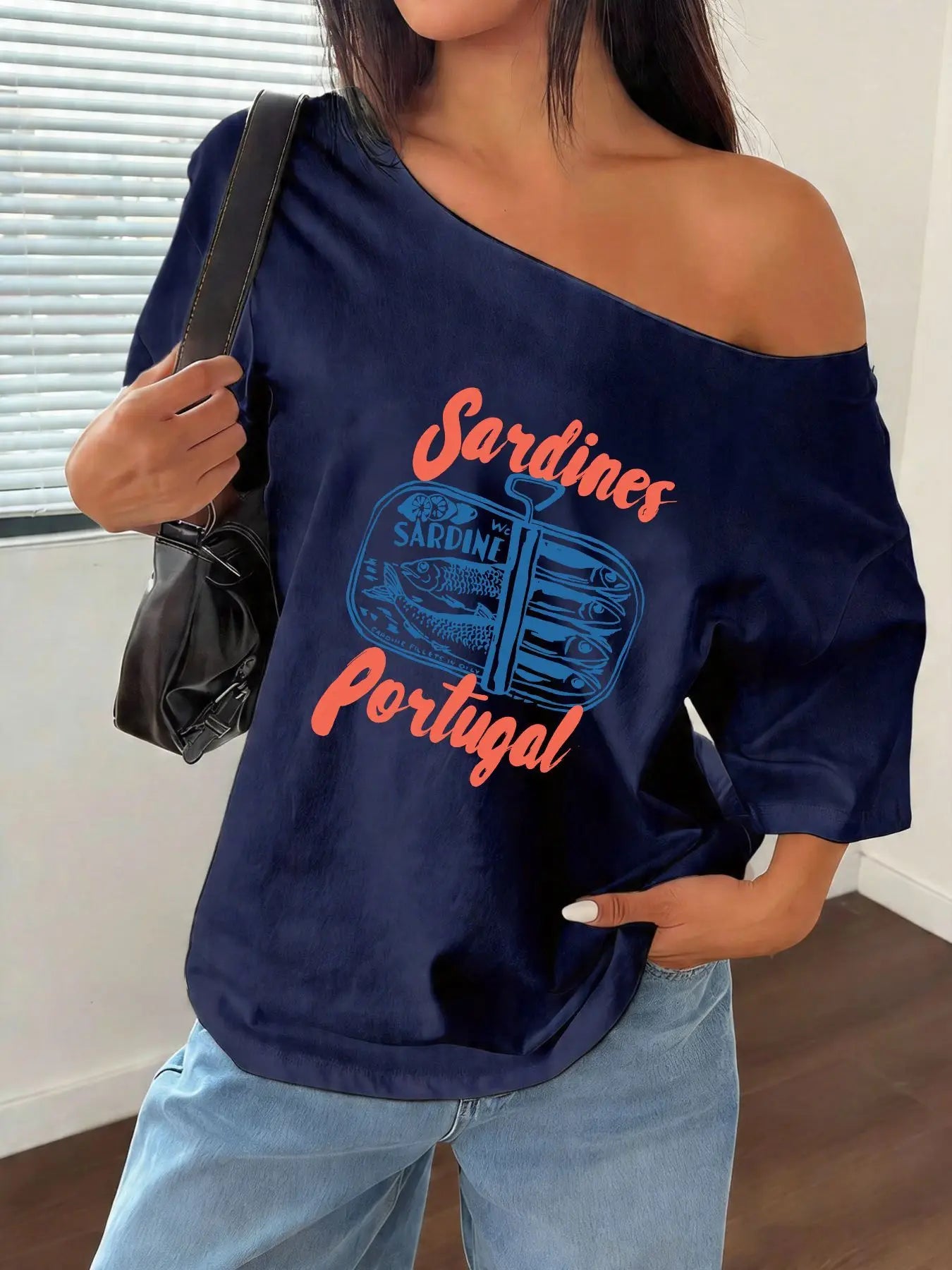 100% Cotton Plus Size Sardine Fish Print Shoulder Loose Print T-Shirt Oversized Y2K Style Graphic Tees Women Tops Summer Off