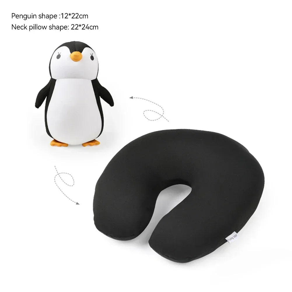 Travel Neck Pillow U-Shaped Plush Pillow Cute Zip and Flip Penguin Deformable Cushion Supports Your Head Neck Chin for Adult