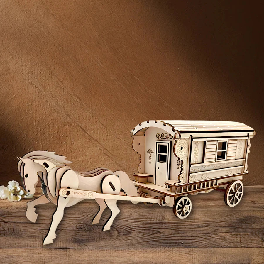 OUZEY DIY Wooden Blocks Antique Horse Carriage Wooden Model, 3D Fairytale Puzzle Kit, Romantic Collectible Gift for Adults