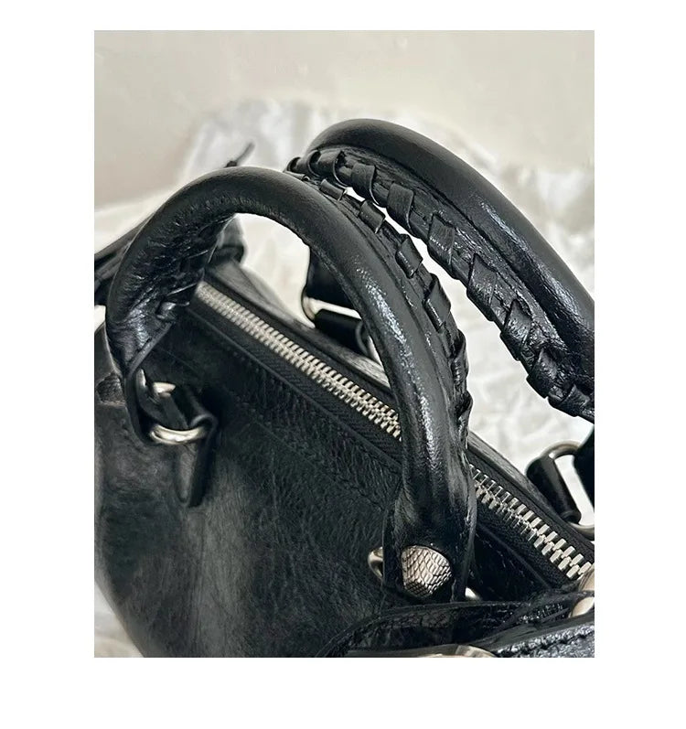 2026 New Mini Cylinder Motorcycle Bag Women's Rivet Tassel Three-in-One Pleated Cowhide Single Shoulder Slant Cross Handbag