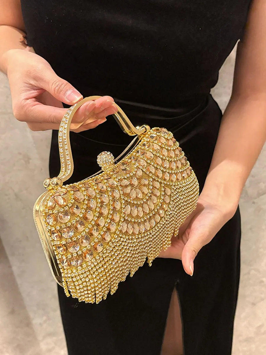 Diamond Evening Clutch Bag Golden Tassel Handbag Boutique Novelty Metallic Rhinestone Purses and Handbags Bridal Wedding Party