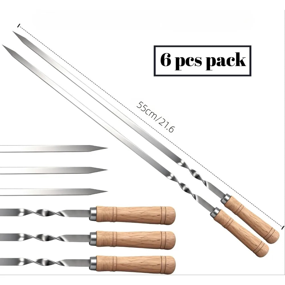 BBQ Skewers 6pcs,Kabob Skewers Flat with Wood Handle,Stainless Steel Kebab Forks for Grilling Shrimp Chicken Vegetable