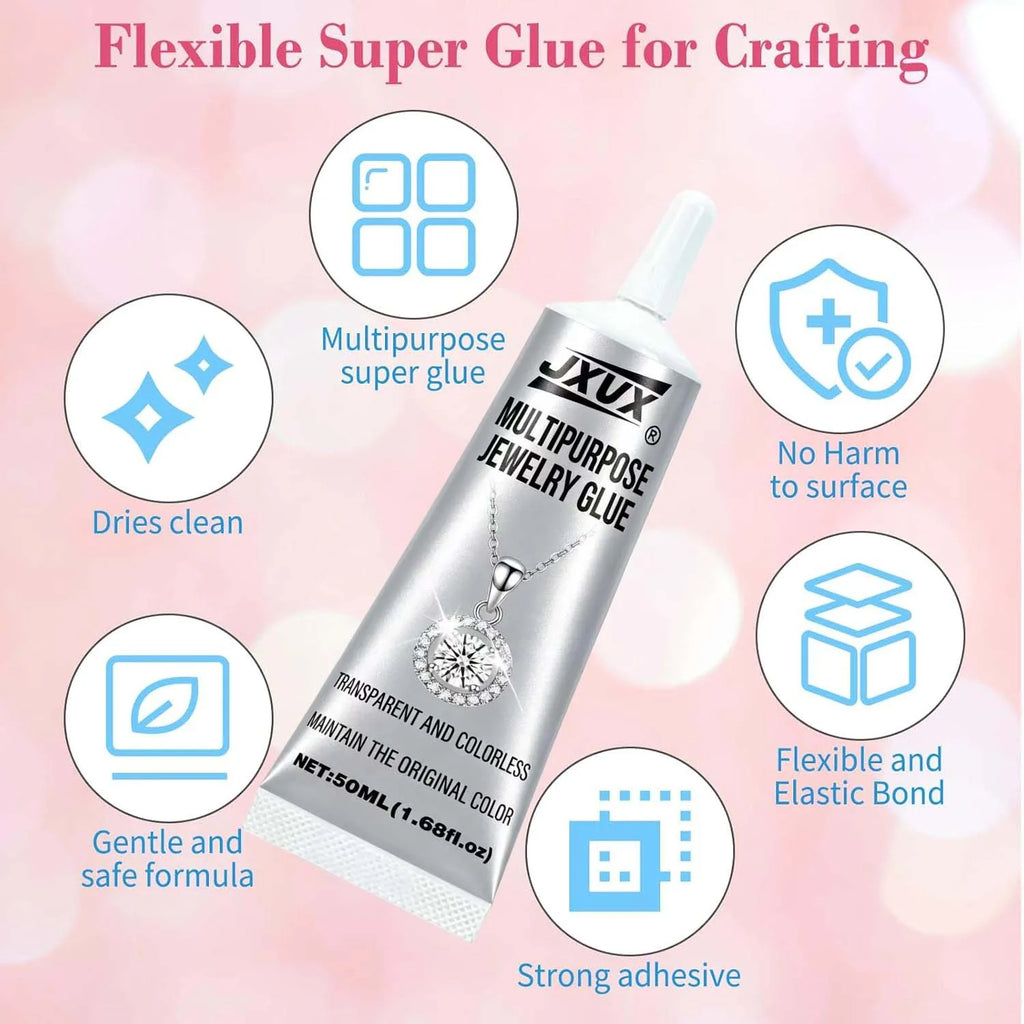 JXVX B7000 Jewelry Glue for Rhinestones,Flexible Super Glue Gel with Precision Tip Multi Function Clear Gem Glue Fabric Adhesive for Cloth Metal Stone Bead Jewelry Making Wood Glass 4pcs.