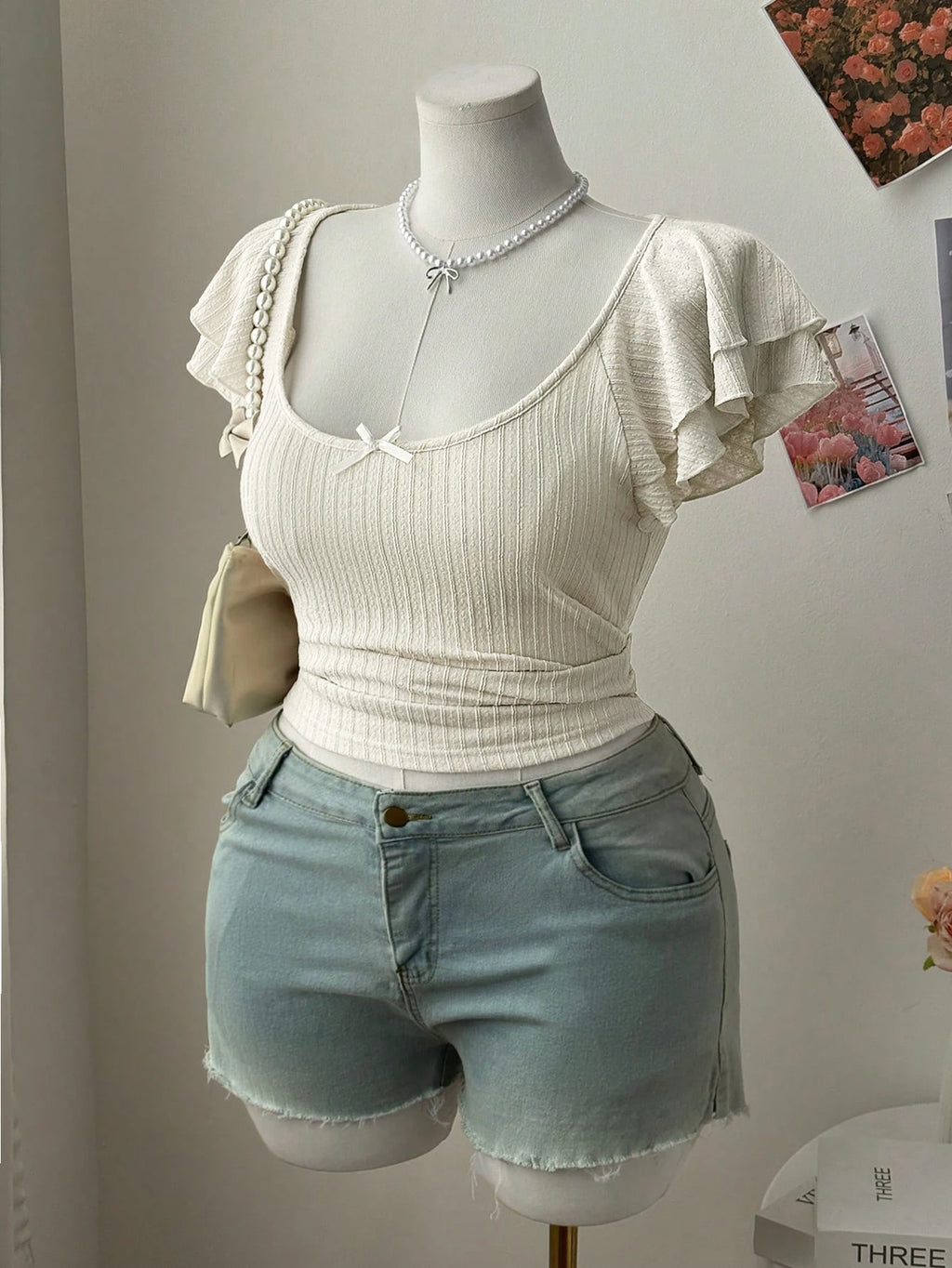 New women's fashion low-neck lace-sleeve bow-tie decoration plus-size women's T-shirt