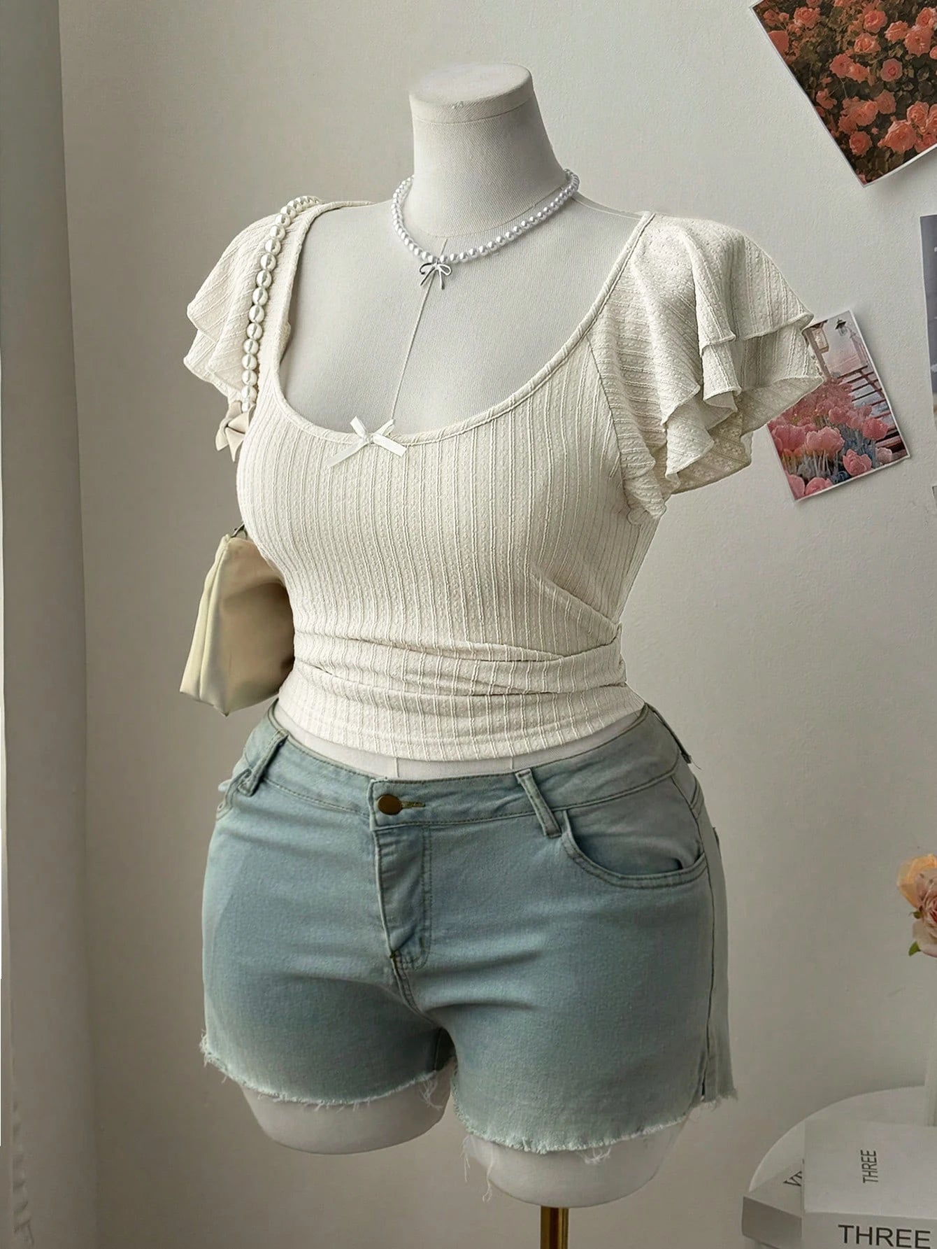 New women's fashion low-neck lace-sleeve bow-tie decoration plus-size women's T-shirt