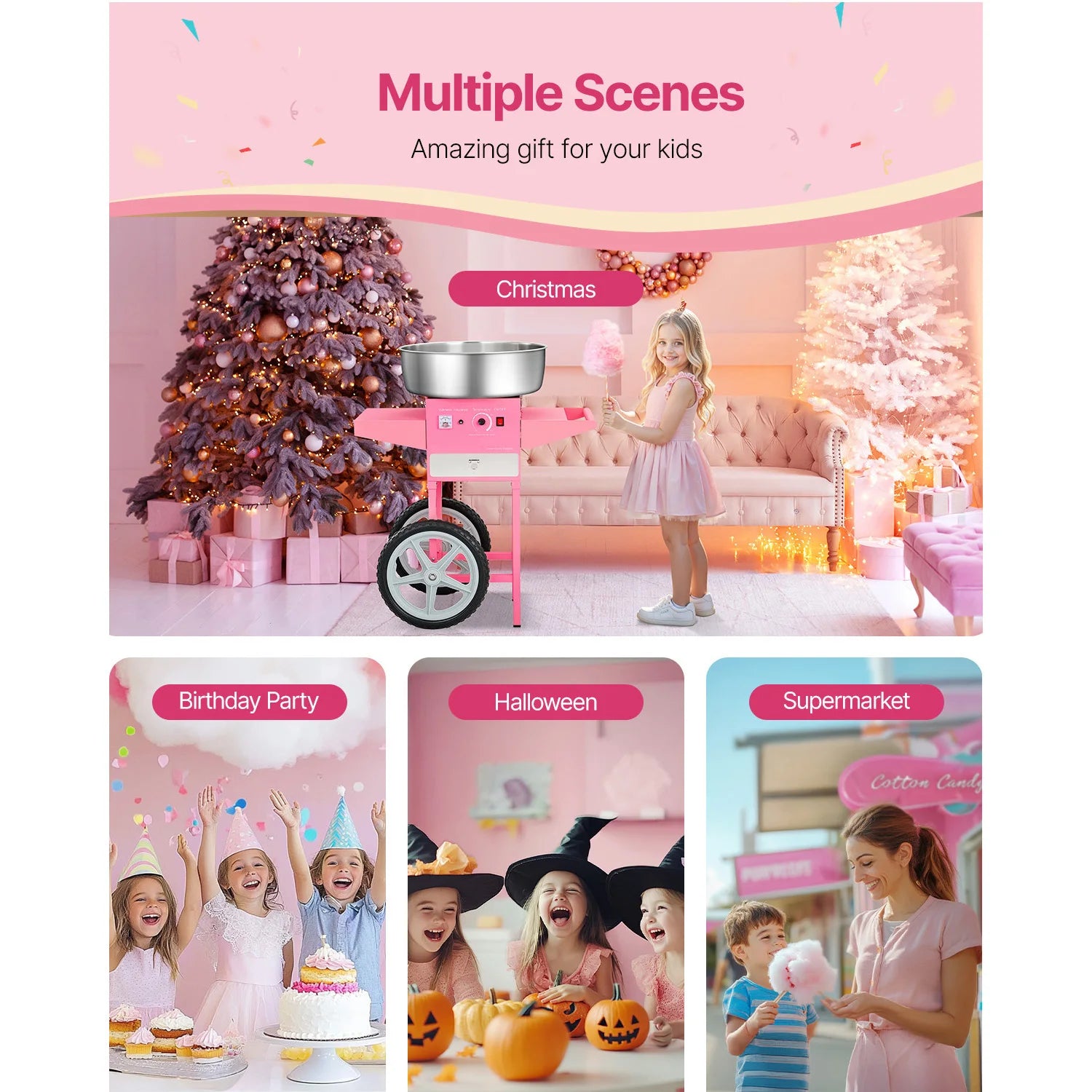 SucceBuy Electric Cotton Candy Machine with Cart Commercial Candy Floss Maker with 20.5 in Stainless Steel Bowl Sugar Scoop