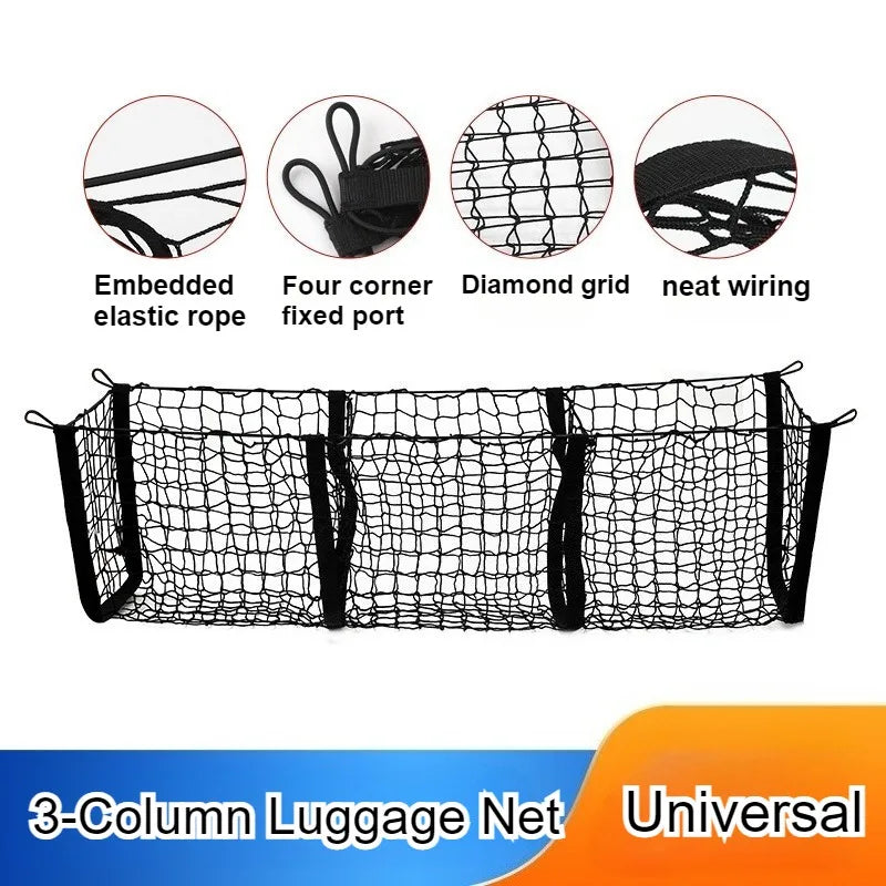 Universal 3-Column Cargo Net Trunk Bed Organizer Mesh Storage Net Bed Grocery Auto Holder Pickup Truck Bed Truck Accessories