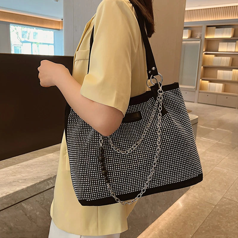 2024 Fashion Women Bling Diamonds Handbag Large Capacity PU Leather Big Totes Designer Female Chain Shoulder Bags Shopping Bags