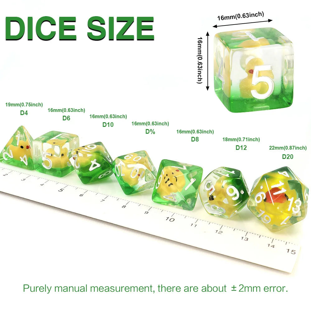 New 7 Pieces Acrylic Polyhedral Dices Set Bar Toys Filled With Ducks D6 Data D8 D10 D12 D20 Dice Role For TRPG DND Accessories