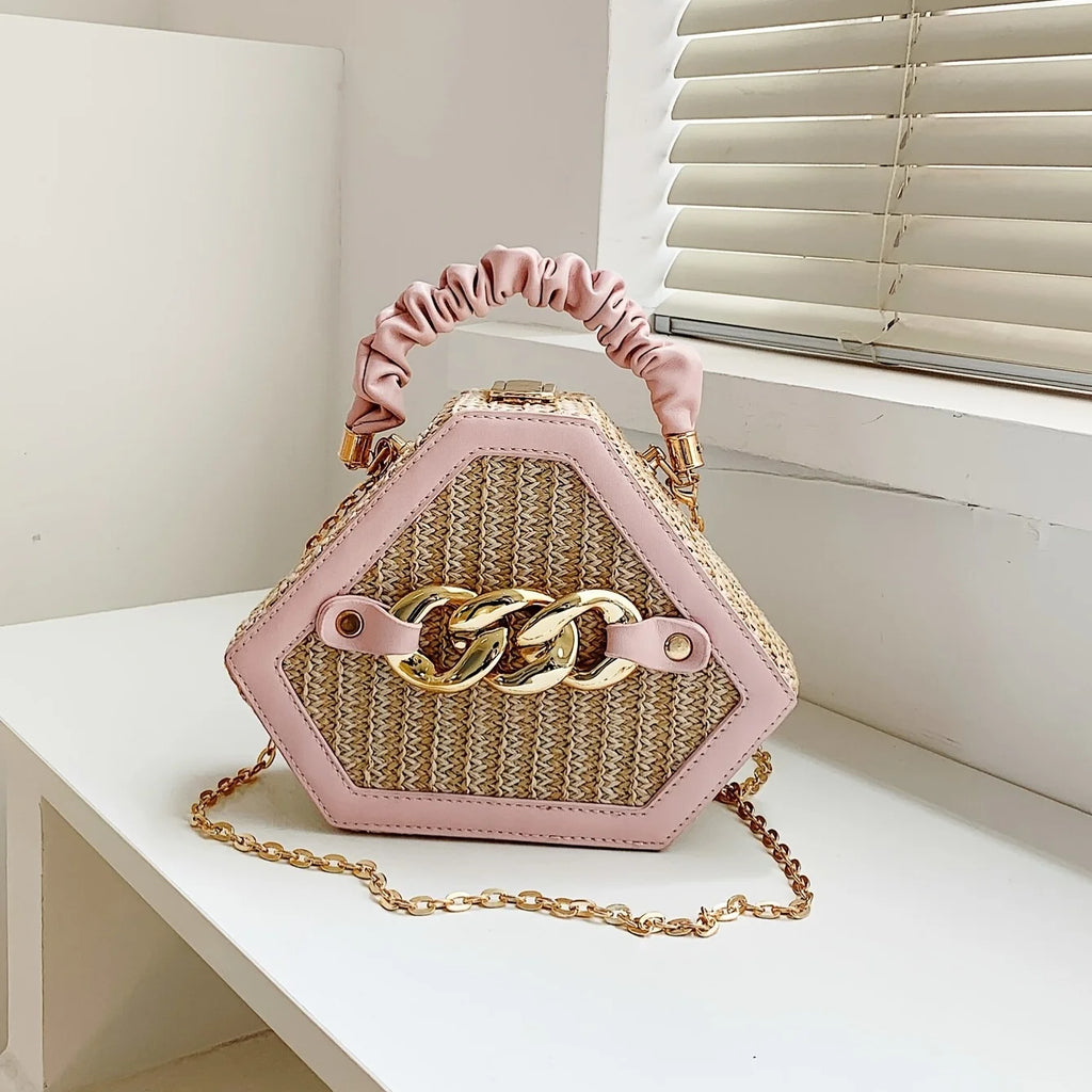 Patchwork Straw Carry-on Women's Bag Fashion Chain Diagonal Bag Summer Texture Chain Bag Woven Carry-on Box Bag