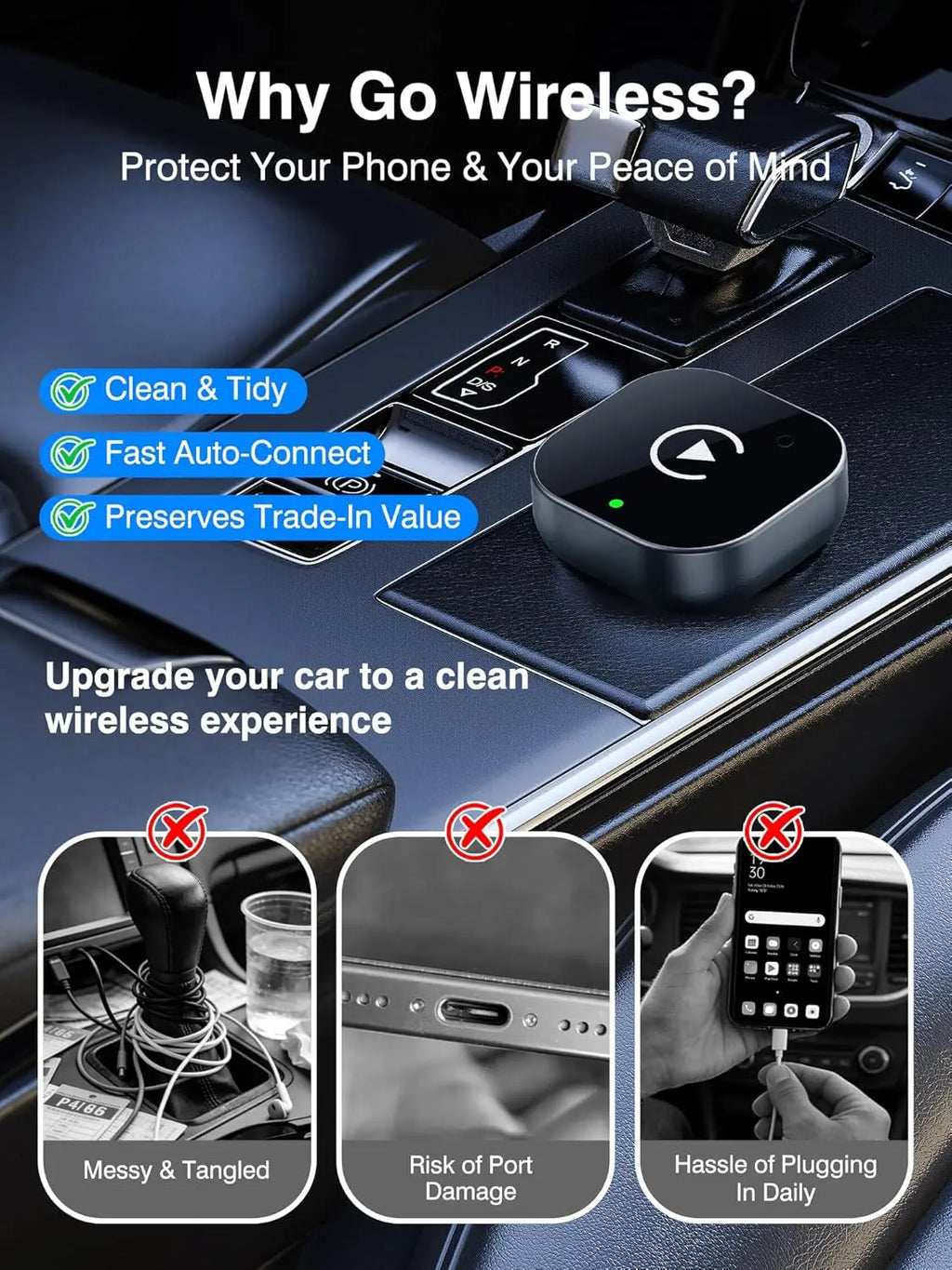 2-in-1 Wireless CarPlay & Android Auto Adapter 5.8GHz Pro – Seamless Switch for Multi-Driver Families – Convert Factory Wired to