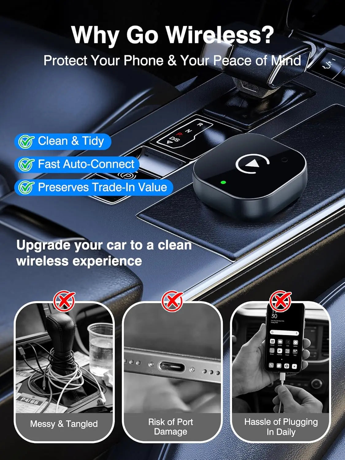 2-in-1 Wireless CarPlay & Android Auto Adapter 5.8GHz Pro – Seamless Switch for Multi-Driver Families – Convert Factory Wired to