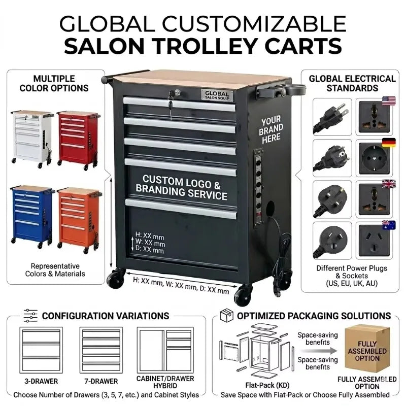 5 Drawer Metal Barber Salon Tool Cabinet Rolling Storage Cart with Socket and Hair Dryer Holder