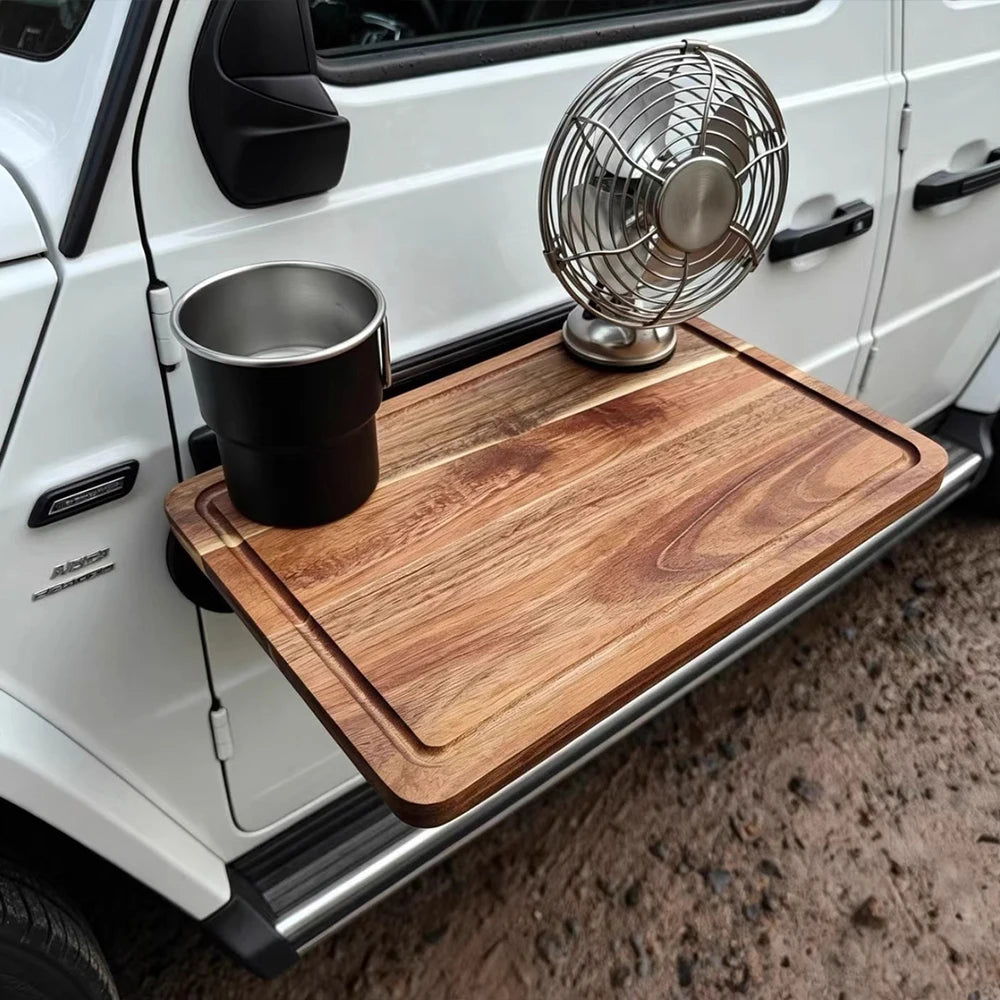 1PC Car Side Folding Wooden Table Outdoor Camping Vehicle Door Mount Tray Auto Cup Holder Storage Rack SUV Travel Accessory