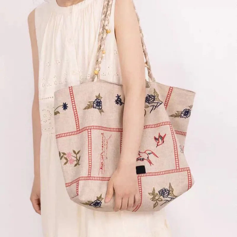2026 New Unique Floral Bird Embroidery Linen Tote Bag Large Capacity Women Vacation Shoulder Handbag