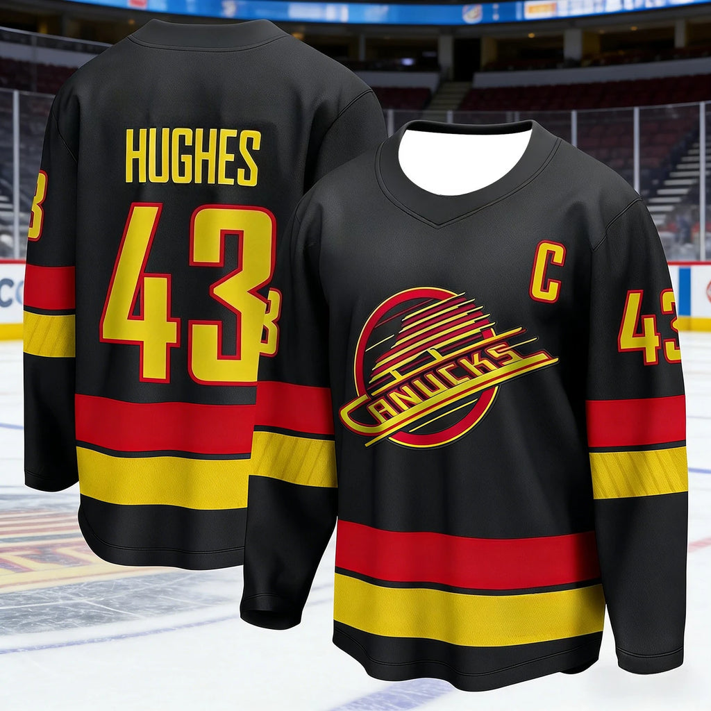 Men's Vancouver Canucks Ice Hockey Jersey Black Red Yellow Breathable Hockey Shirt Streetwear Long Sleeve Sports Hockey Uniform