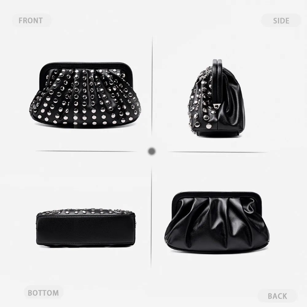 Vintage Clutch Purse Rivet Detail PU Leather Shell Shape Wallet Magnetic Buckle Pleated Design Handheld Evening Bag for Women