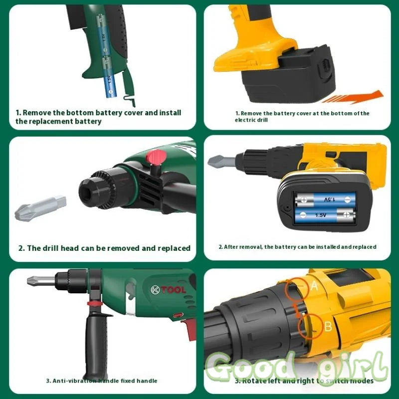 1 Set Toddler Electric Drill Screw Kits Kids Toy Simulation Electric Drill Kit With Real Sounds And Action Construction Tools