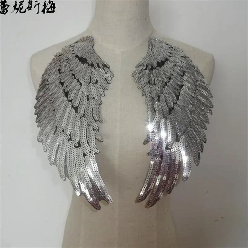 1Pair Large Size Gold Silver Applique Wings Embroidery Patch Fabric Sticker Iron On Patch Craft Sewing Repair Embroidered BD383