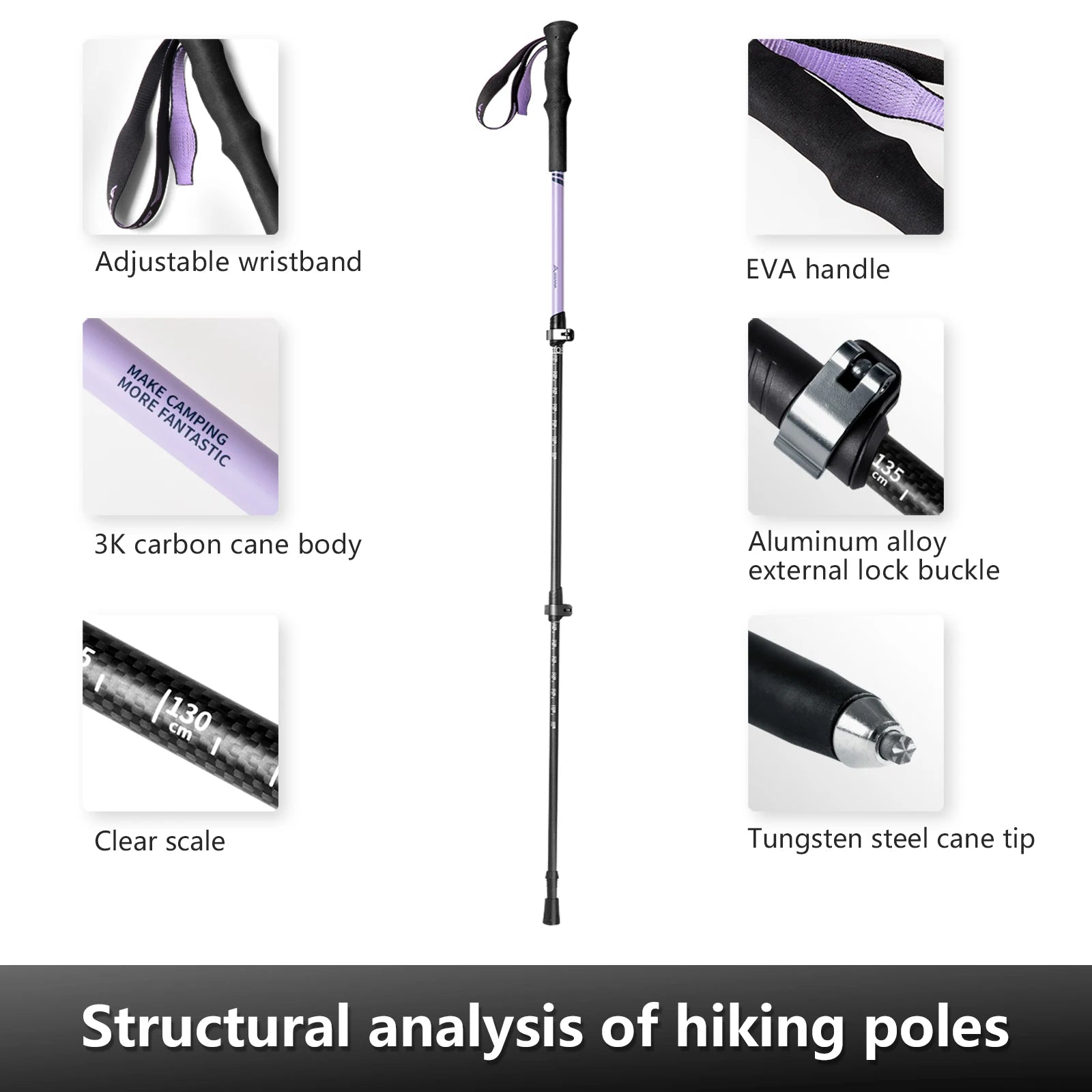 BISINNA 2pcs Trekking Poles Carbon Fiber Walking Sticks Ultra-light Telescopic Outdoor Hiking Climbing Cane
