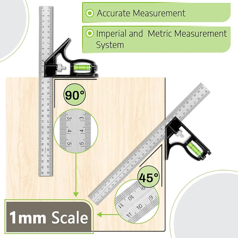 Premium Rafter Square and Combination Triangle Square Set, Woodworking Framing Square, Ruler and Protractor Tool Set