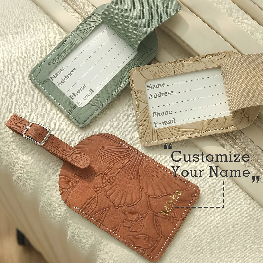 1PC Custom Name Luggage Tag for Suitcases with Carving Flower Patterns Personalized Vegan Leather Tag With Privacy Name Card