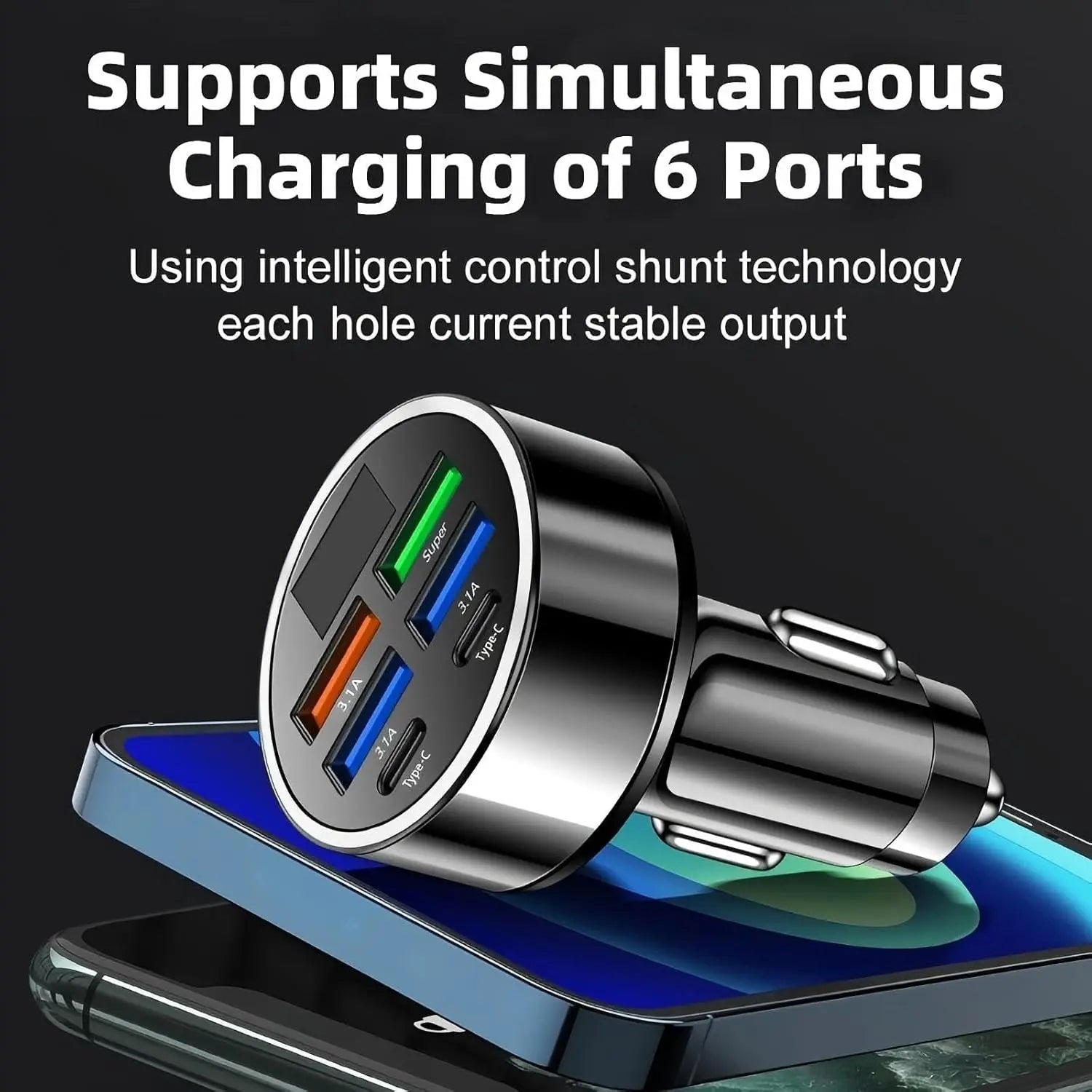 6-in-1 Super Fast Car Charger Adapter with LED Voltage Display, Car Plug Powered Phone Charger for Smart Devices like Tablet