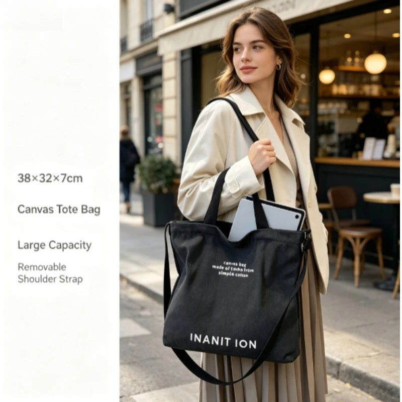 Japanese Style Large Capacity Canvas Tote Bag, Vintage Handheld Crossbody Shoulder Backpack for Students Office Workers