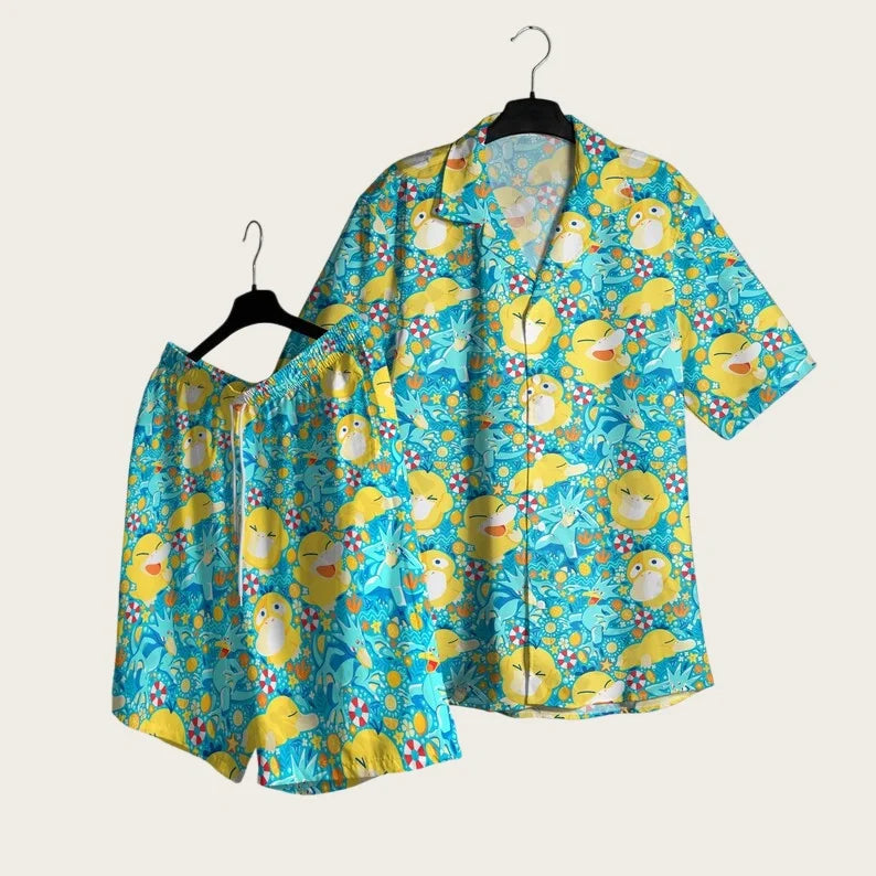 2026 Summer Special Edition Pokémon Psyduck Men Hawaiian Shirt Shorts Set Women Home Casual Anime Pajama T-shirt Shorts Set Gift