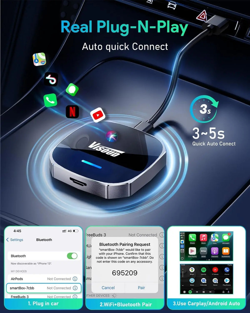 Stream Netflix & YouTube with 3s Auto-Connect – Wireless CarPlay/Android Auto Adapter, Zero-Latency 5.8GHz Wi-Fi, USB-A/C, Plug & Play