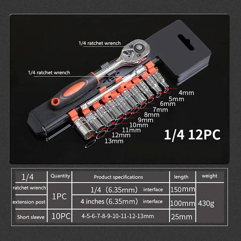 1/4 3/8 1/2 inch Socket Wrench Set Extension Rod Multi-function Ratchet Spanner Set for Car Motorcycle Repair Hand Tool Set Case