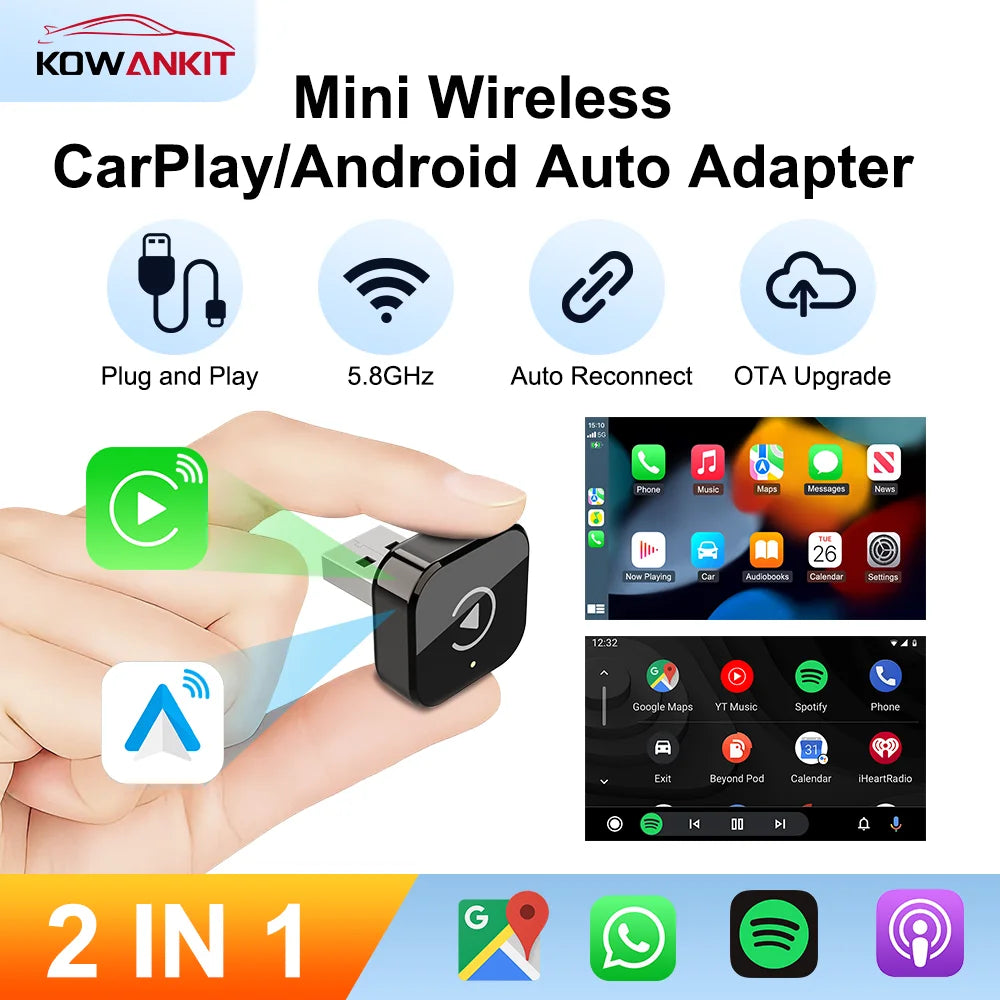 2026 Wireless Carplay Adapter Android Auto 2 in 1 Ai Box Plug & Play Car Dongle WIFI 5G BT4.2 Support Android iOS KOWANKIT