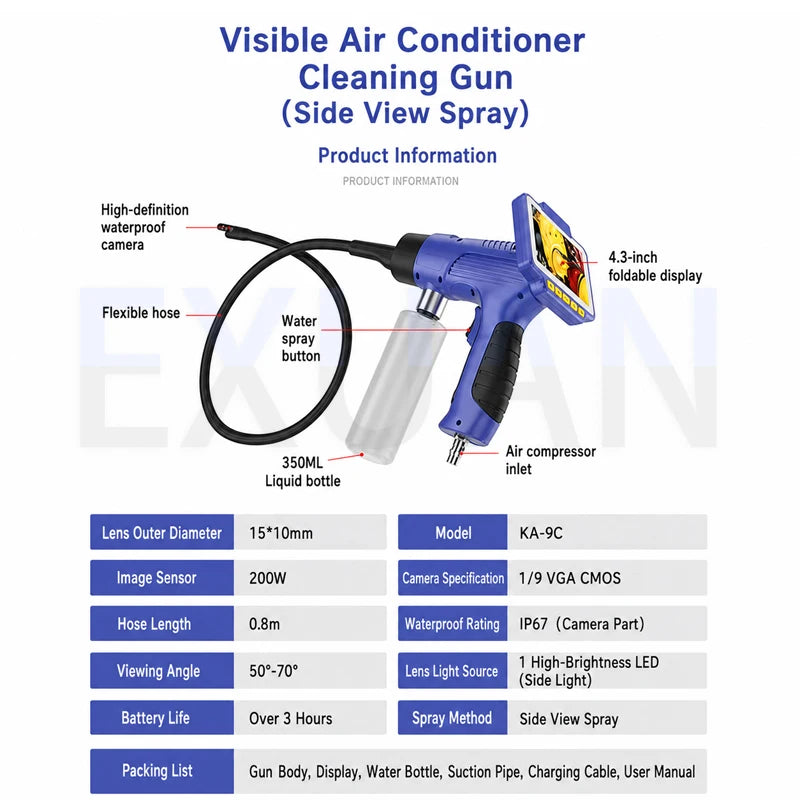Car AC Visual Cleaning Gun Endoscope Camera High Pressure Evaporator Cleaning Spray Gun Air Conditioner Air Duct Cleaning Tool
