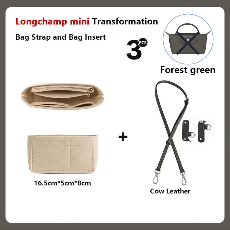 Bag Insert For LongChamp Mini Bag Organizer Felt Mini Bag Organizer for le pliage Green Pouch with Handle Small Handbag Shaper