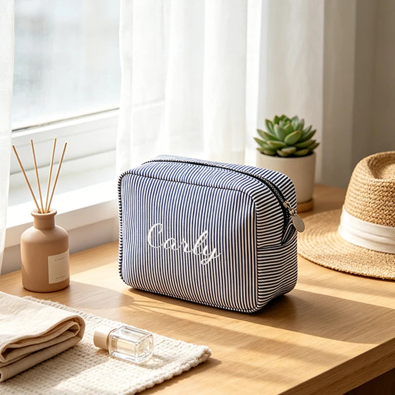 Customised Embroidery/Standard Style 2 Options, High-Look Striped Clutch, Large Capacity Makeup Bag, Back-to-School Season! Gift