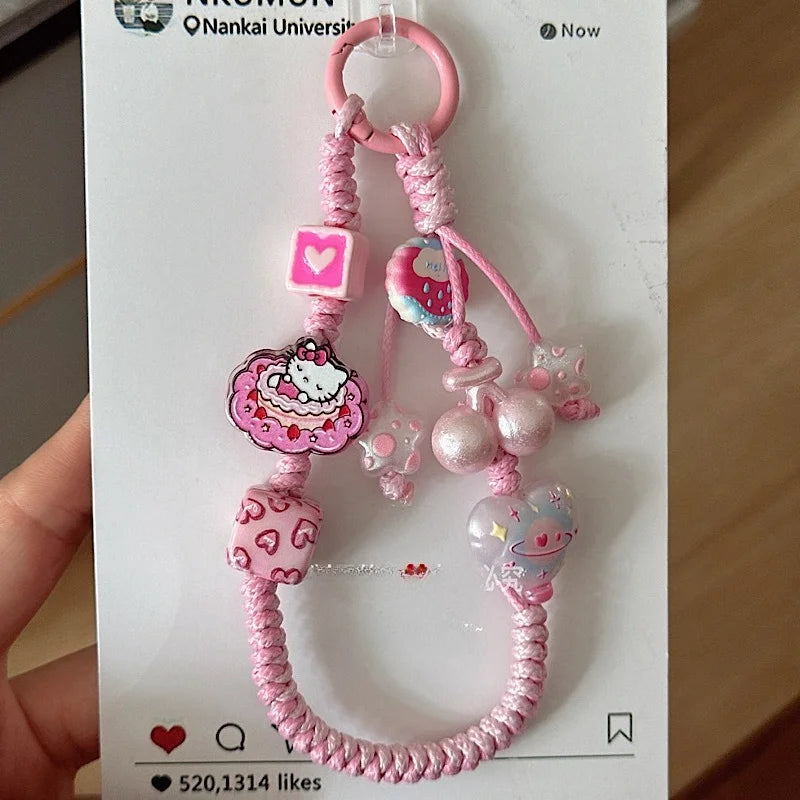 INS Sanrio Hello Kitty Sweet Pink Hand Woven Phone Case Wrist Strap Bead Keychain Bag Decor Pendant for Girl Woman Phone Lanyard