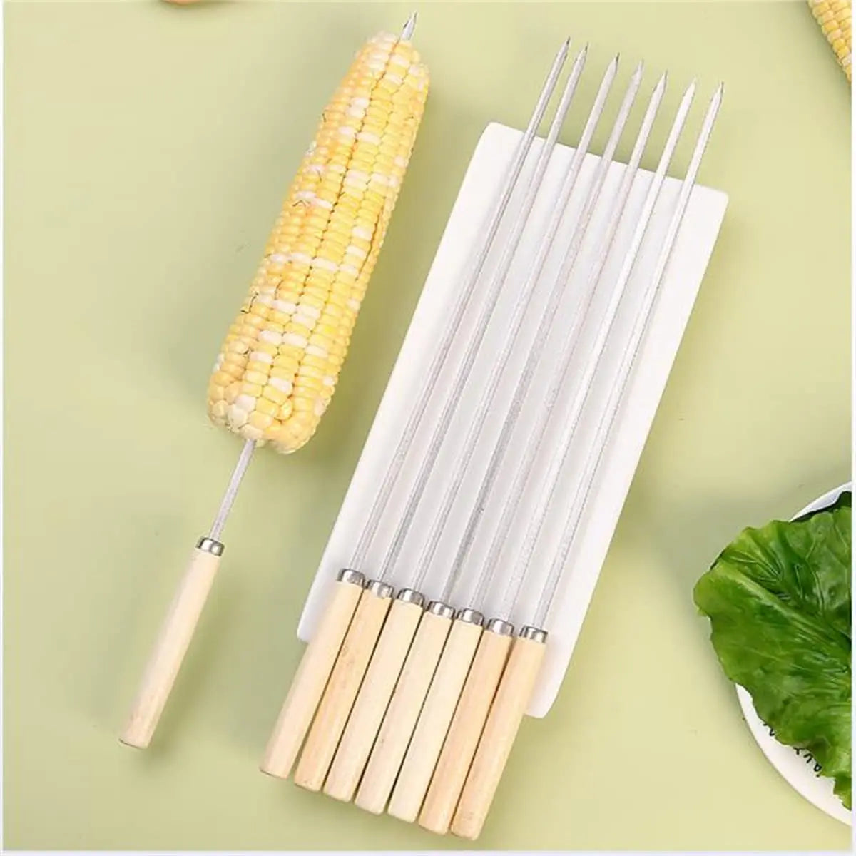 Premium Thick Stainless Steel BBQ Skewers with Wooden Handles - Easy to Turn Non-Stick Heat Resistant Perfect for Chicken Wings
