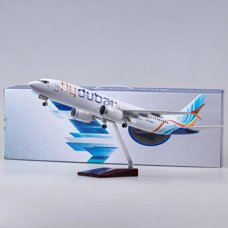 1/85 Scale Airplane B737 MAX Aircraft Fly Dubai Airways Middle East With Light Diecast Resin Plane Model Toy Collection