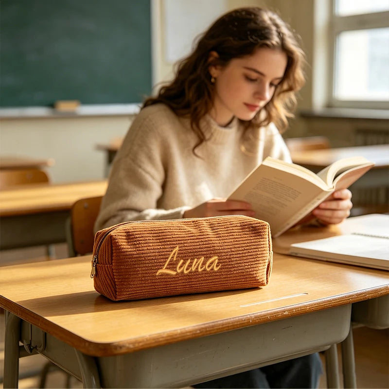Customised Embroidery/Standard Style 2 Options, Corduroy Cartoon Shark Design Pencil Case, Storage Bag, Back-to-School Season!