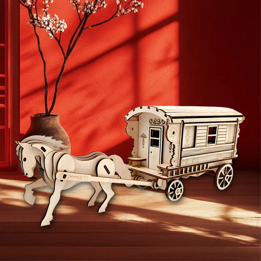 OUZEY DIY Wooden Blocks Antique Horse Carriage Wooden Model, 3D Fairytale Puzzle Kit, Romantic Collectible Gift for Adults