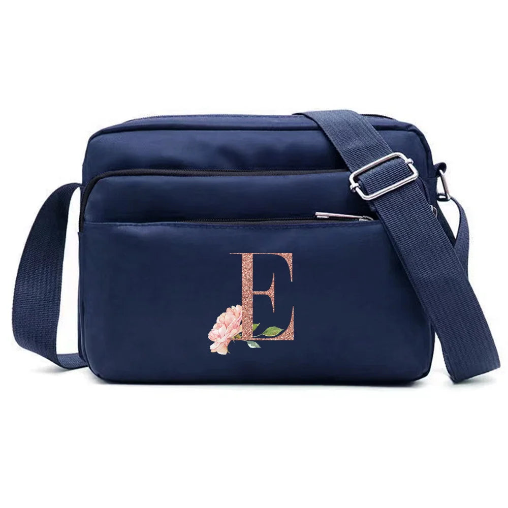 Large Capacity Travel and Commuting Storage Blue Bag Rose Gold Series Print Pattern Multi-layer One Shoulder Crossbody Bag