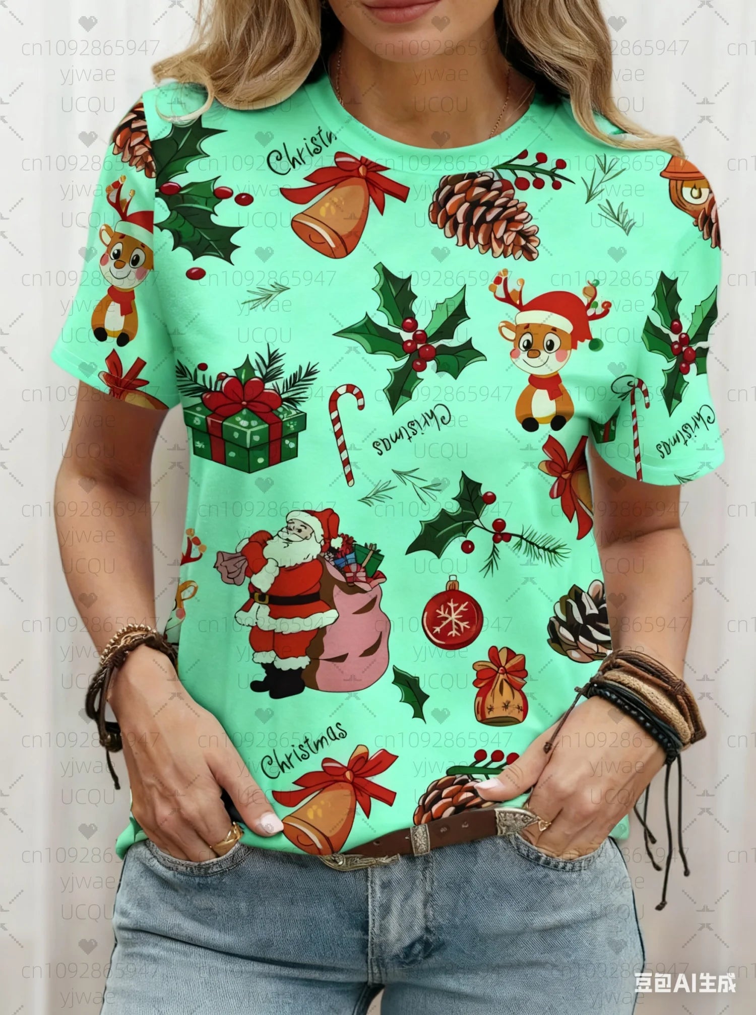 plus size Tee Casual Lightweight Sport Daily Tee ﻿ Christmas Santa Claus reindeer print Women O-Neck Short Sleeve T-Shirt