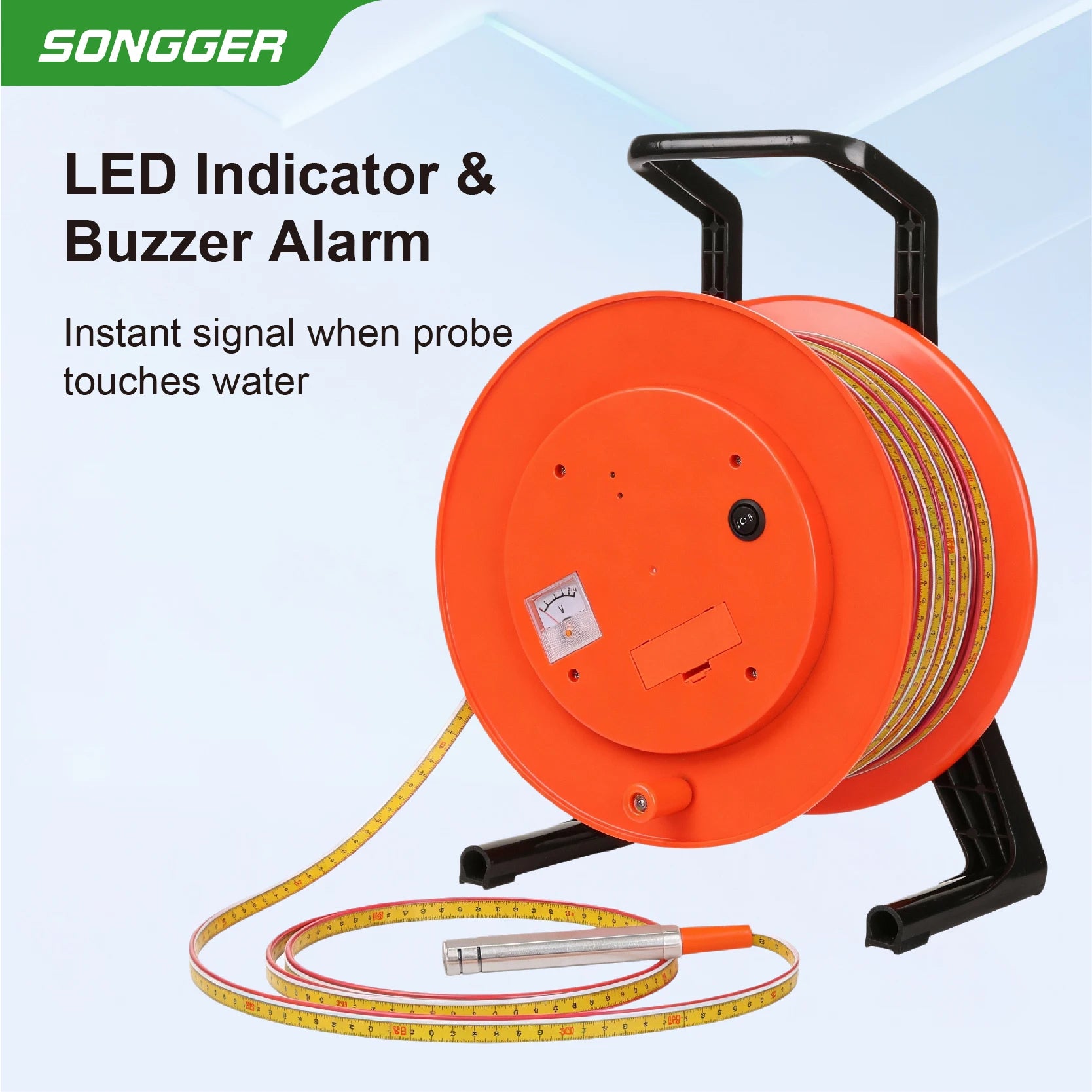 Portable Water Level Meter Tape with Cable Reel Groundwater Depth Detector LED Buzzer Battery Powered 10-150m